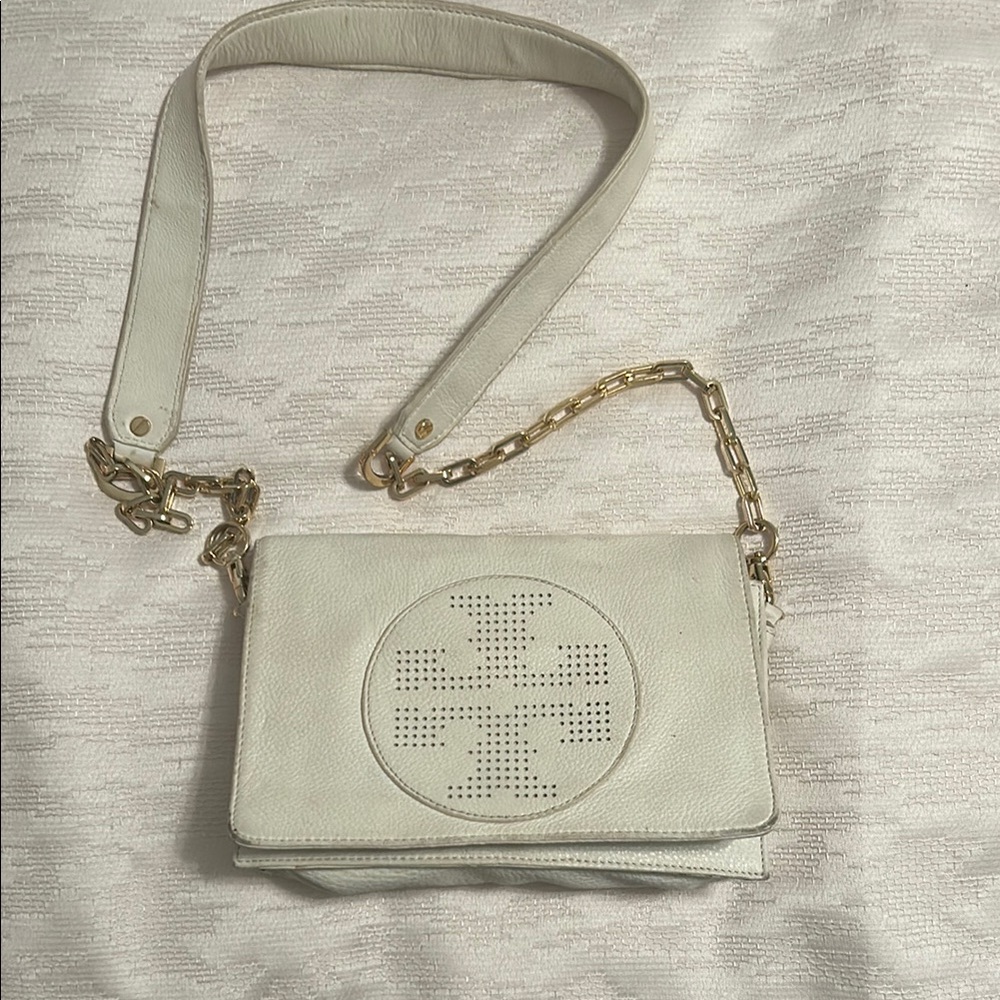Tory Burch Creme and Gold Crossbody Bag with Logo Medallion